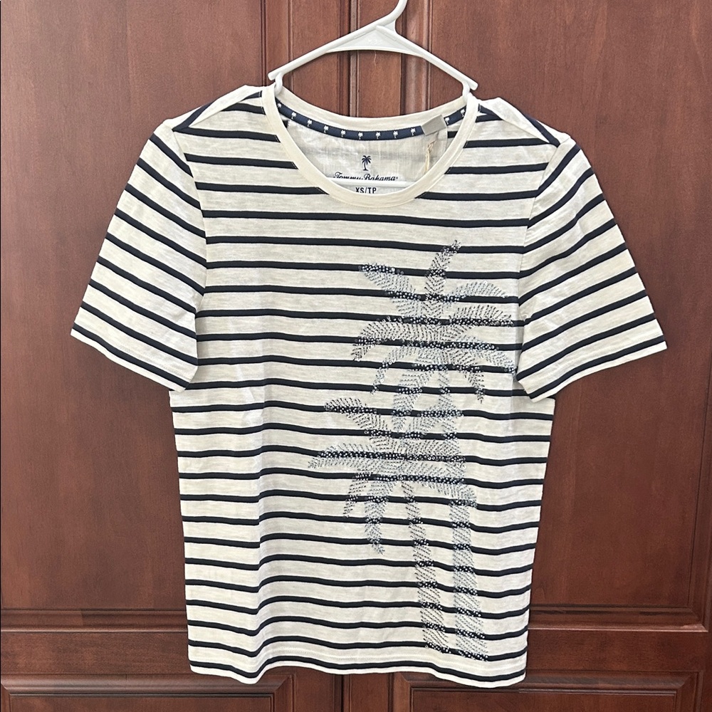 Tommy Bahama Navy and White Striped Beaded Palm Tree Tee